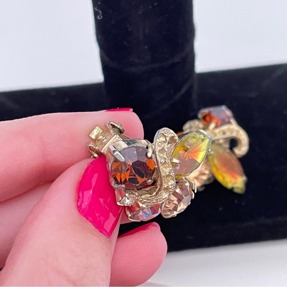 Vintage Amber Colored Rhinestone Fall Autumn Whimsical Fairy Wedding Earrings - Picture 3 of 9